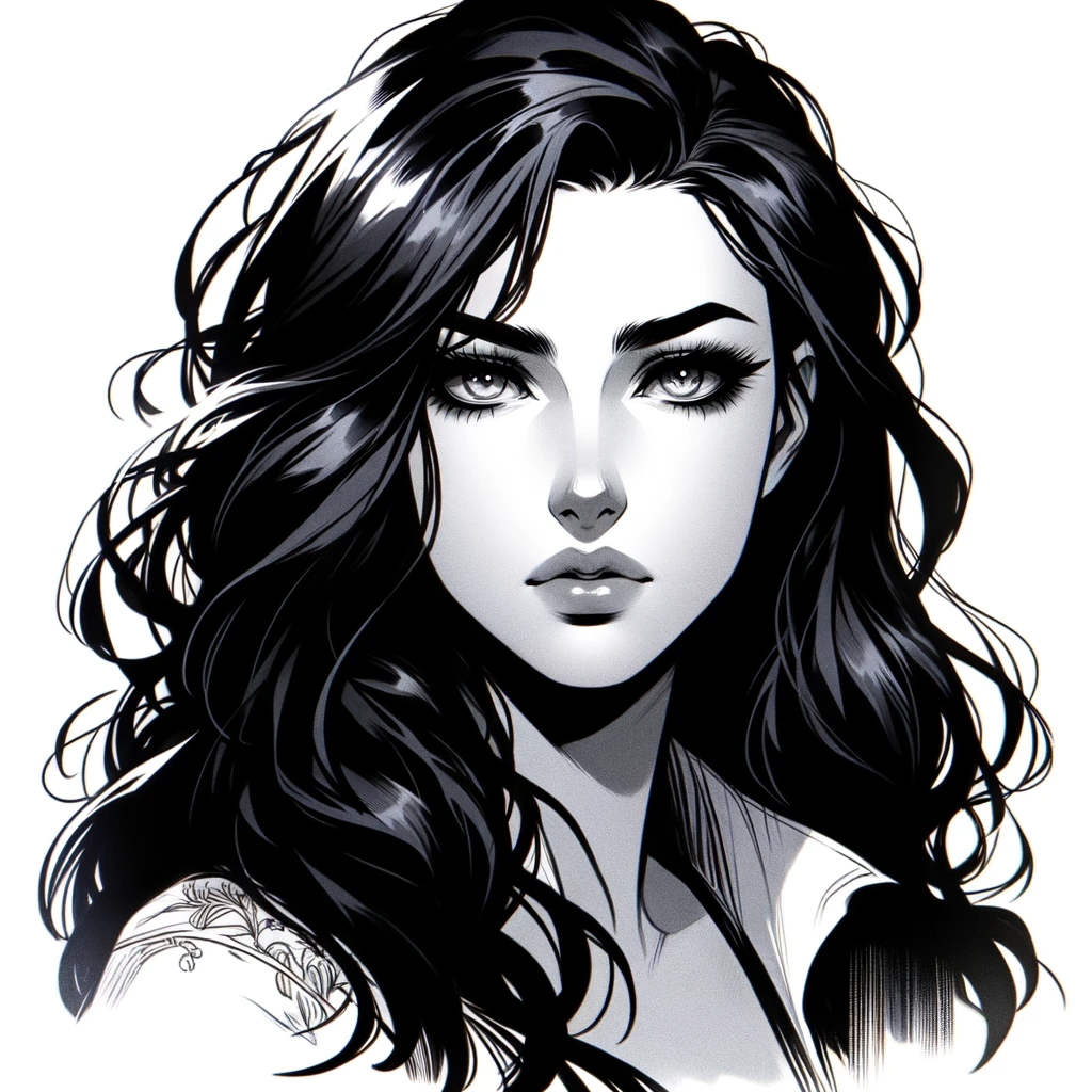 A protagonist with raven-black hair and eyes that hold the weight of history, her expression caught between fascination and the burden of knowledge.