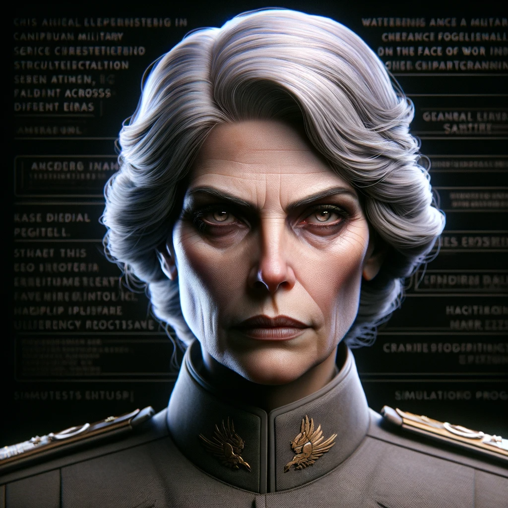 A military figure with a gaze as sharp as her strategic mind, her presence formidable, reflecting years of experience and a deep understanding of war.