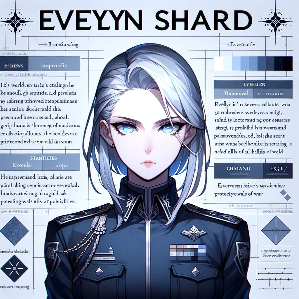 A woman with silver hair and a determined gaze, dressed in a dark uniform, representing her brilliance and ability to shine amidst the dreariness of conflict.