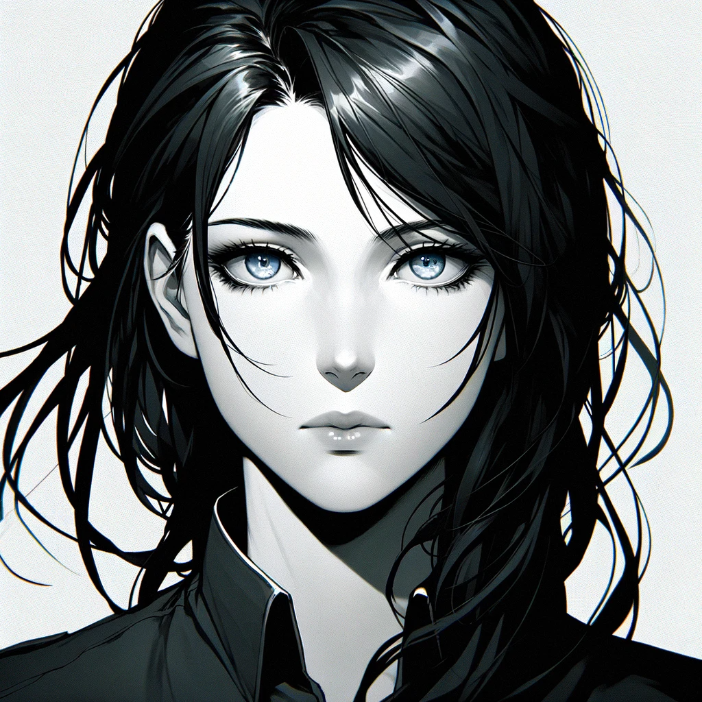 A thoughtful presence with jet-black hair and piercing blue eyes, her demeanor reflecting a deep inner world and a complex understanding of human behavior.