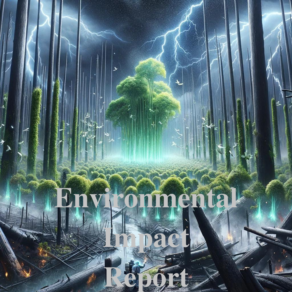 Emergency environmental report on rapid vegetation growth in a burnt forest, hinting at unknown atmospheric phenomena.