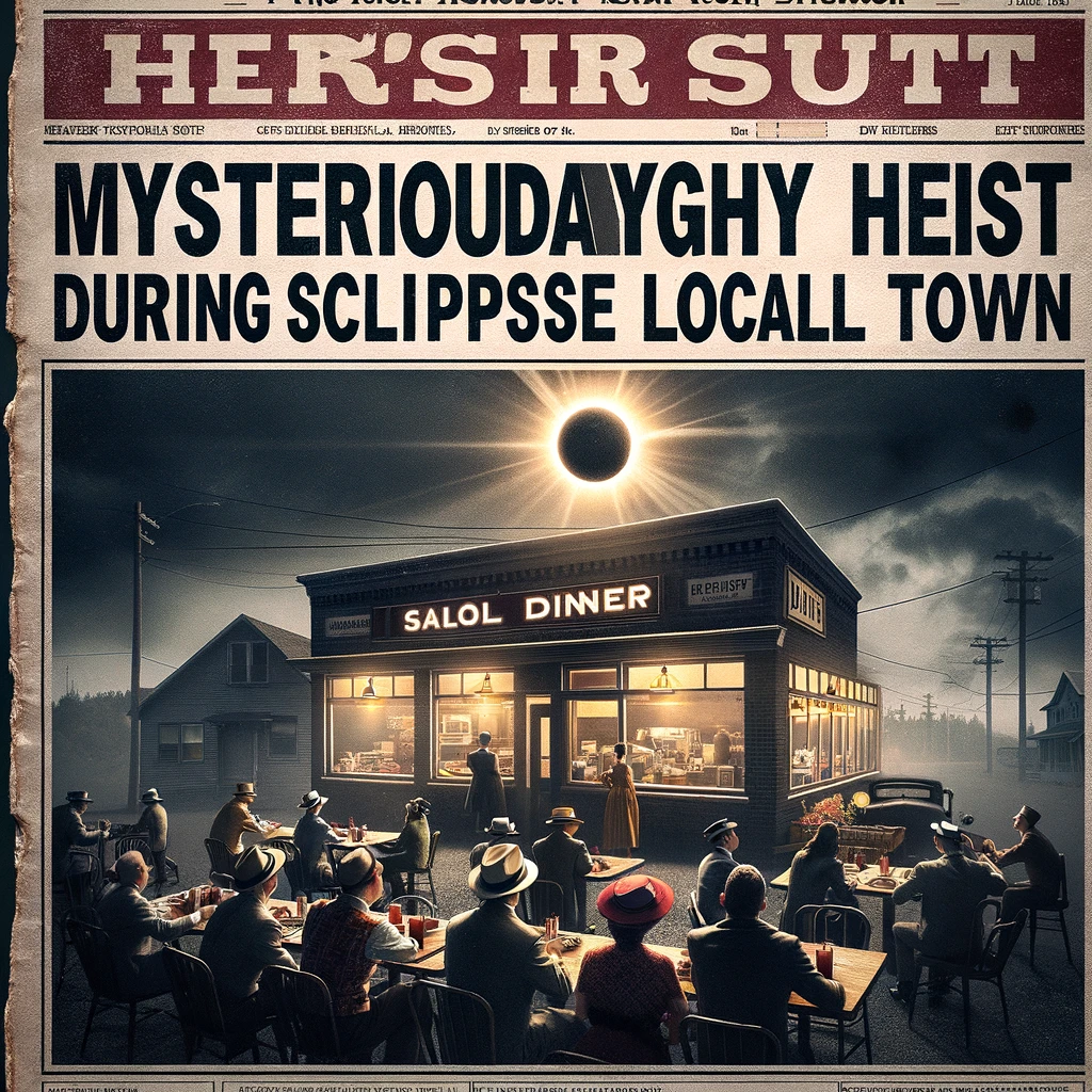 Vintage newspaper headline on mysterious daylight heist during a solar eclipse, with bewildered diner patrons under a dark sky.