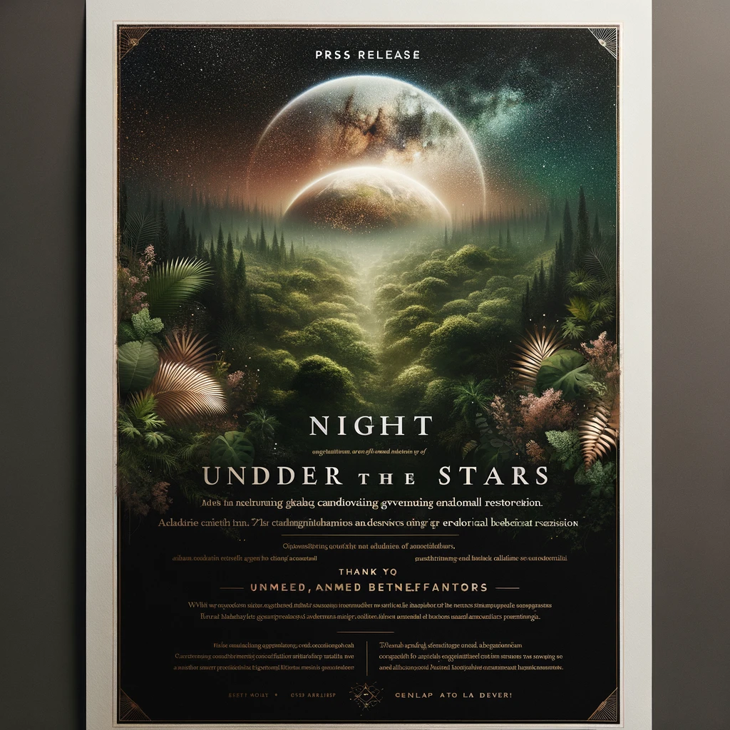 Elegant press release for an environmental charity's 'Night Under the Stars' gala, thanking benefactors amidst a starry night backdrop.