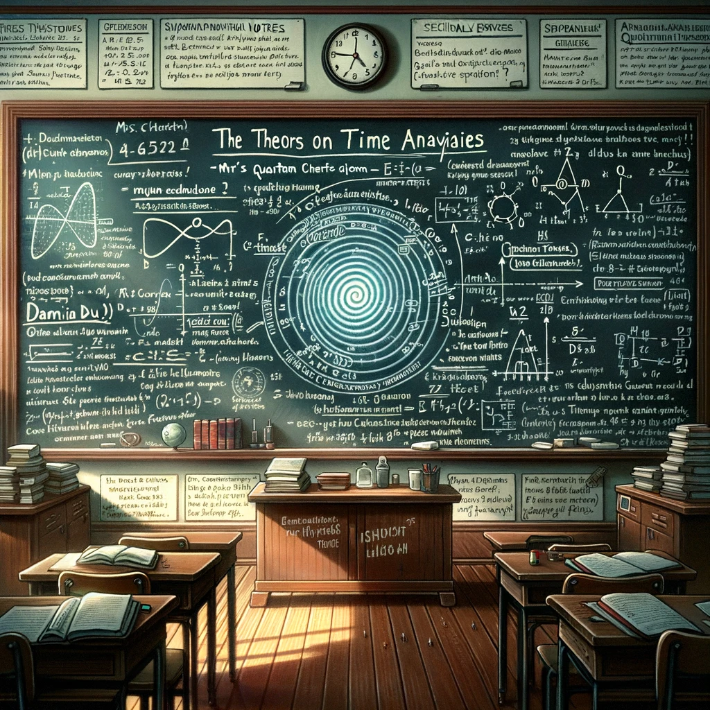 Classroom chalkboard with quantum physics equations and notes on time anomalies, hinting at temporal disturbances.