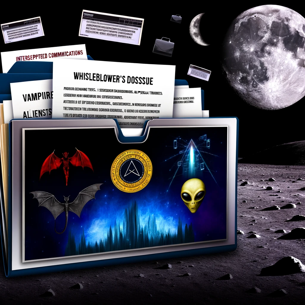 Whistleblower's dossier exposing a catacomb symposium of vampires and aliens, set against humanity's lunar exploration.